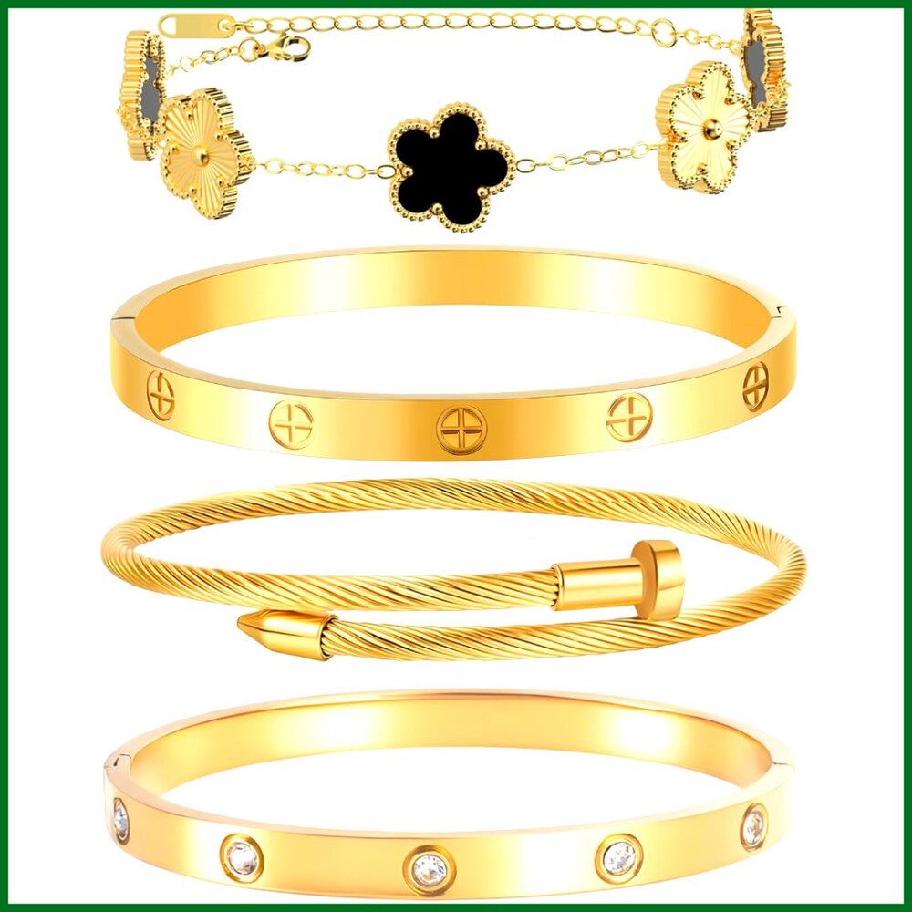 Stackable Bangle Bracelets Set Stainless Steel Go… - image 1